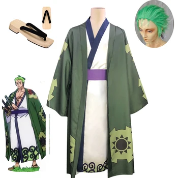 Anime Roronoa Zoro Cosplay Kostüüm Kimono Hommikumantel Täielik Ülikond Slicked tagasi roheline parukas Lühike Kiht Roronoa Zoro Parukas Kingad