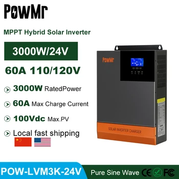 PowMr Uus Disain 3000W 24V Hübriid Inversor MPPT 60A Puhas Siinus SPWM Päikese Laadija AC Output 110V 120V LCD-Solar Inverter