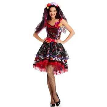 Mehhiko Päeval Surnud Õudus Zombie Kolju Kostüüm Halloween Carnival Pidu Lille Haldjas Kummitusi Pruut Cosplay Kleit