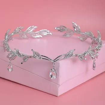 Crystal Crown Pruudi Juuksed Tarvik Pulm Rhinestone Waterdrop Leaf Tiara Crown Peapael Frontlet Pruutneitsi Ehted Juustele